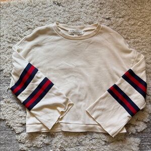 Vintage Havana Cream Sweatshirt with Navy and Red Stripe Sleeves